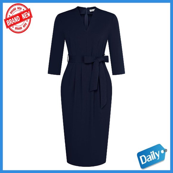Work Dress V Neck 3/4 Sleeve Bodycon with Pockets Zipper Back Work Dress V Neck 3/4 Sleeve Bodycon with Pockets Zipper Back
